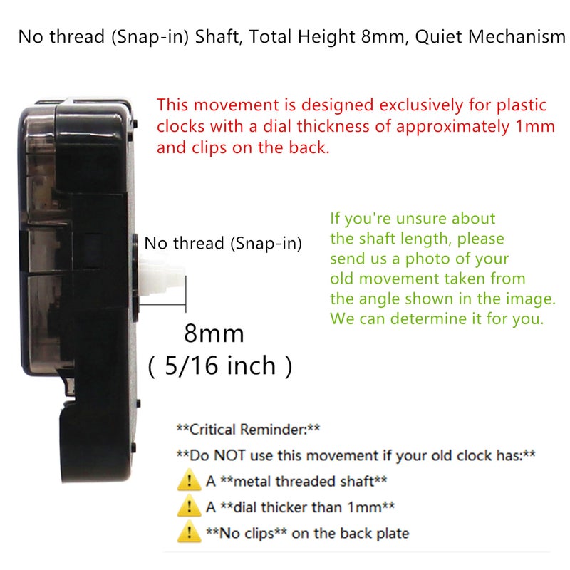 TIKROUND 12888 Youngtown Snap in Type 4.5mm Hour Shaft Length Continuous Sweep Quartz Clock Movement,8mm Total Shaft Length (D Hands) - Image 2